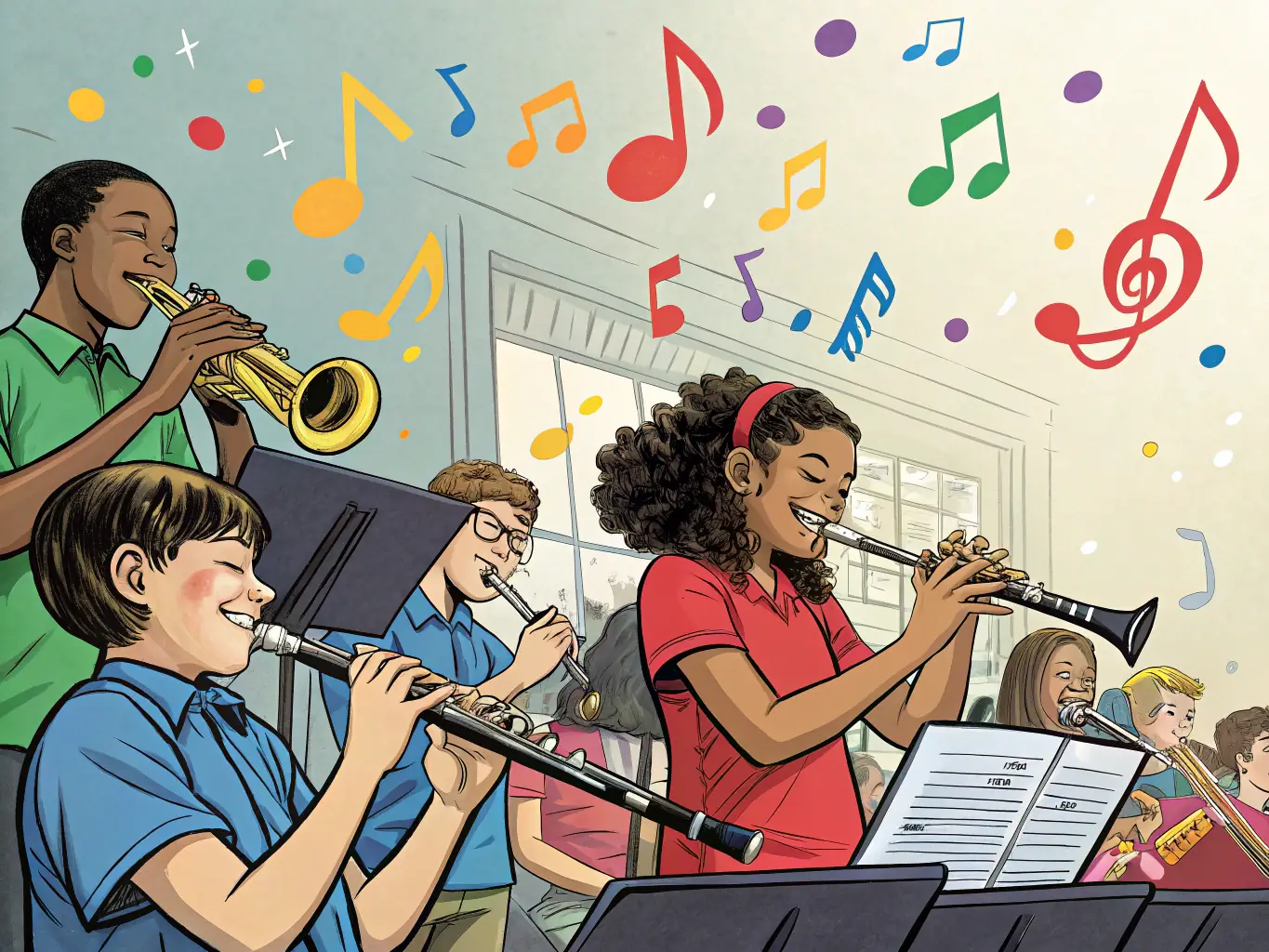A vibrant scene from a community concert featuring young pianists performing for an audience, showcasing their talent and passion for music.