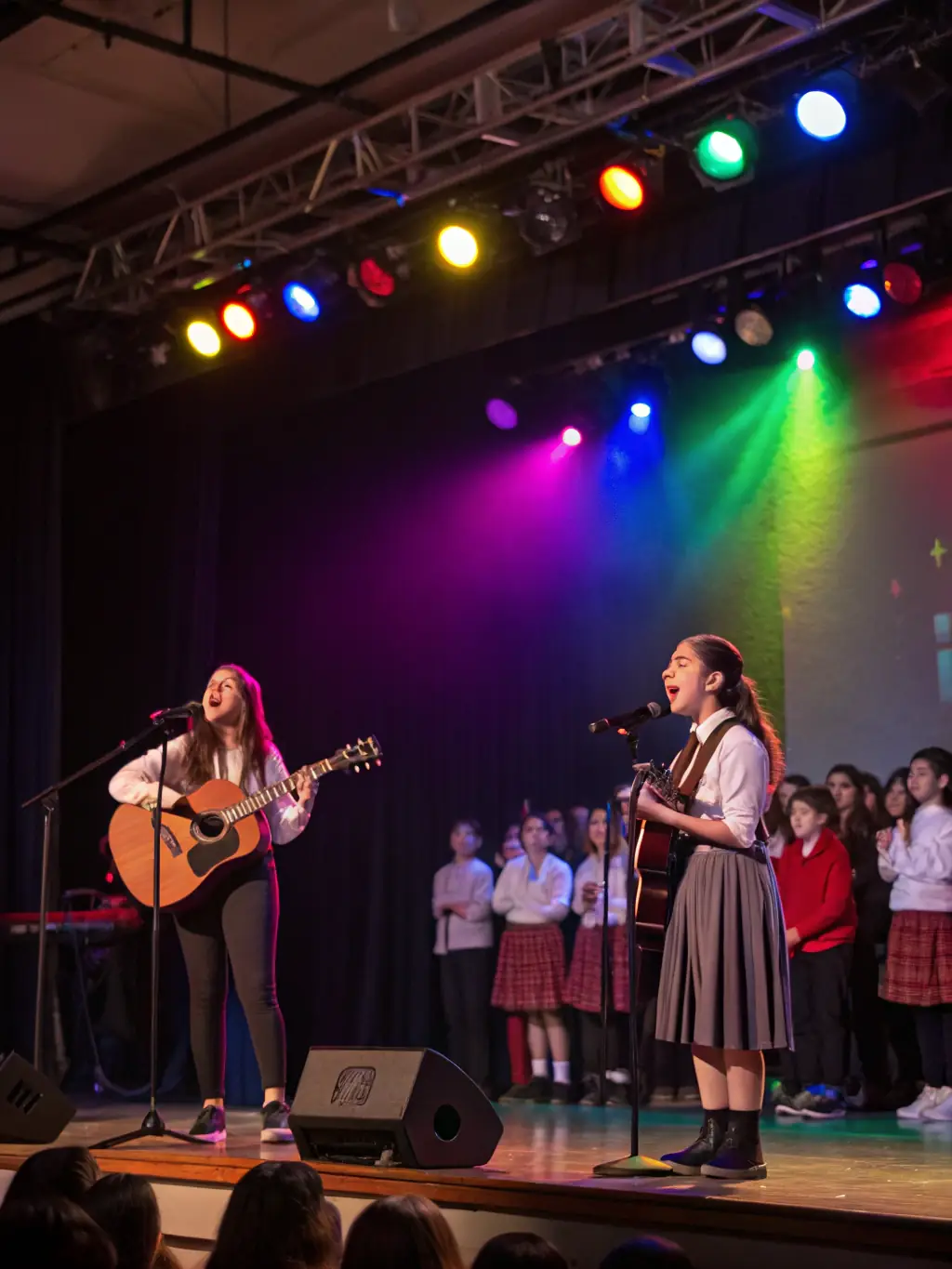 A group of young piano students performing a classical piece together on stage during a recital, showcasing their talent and dedication to music.
