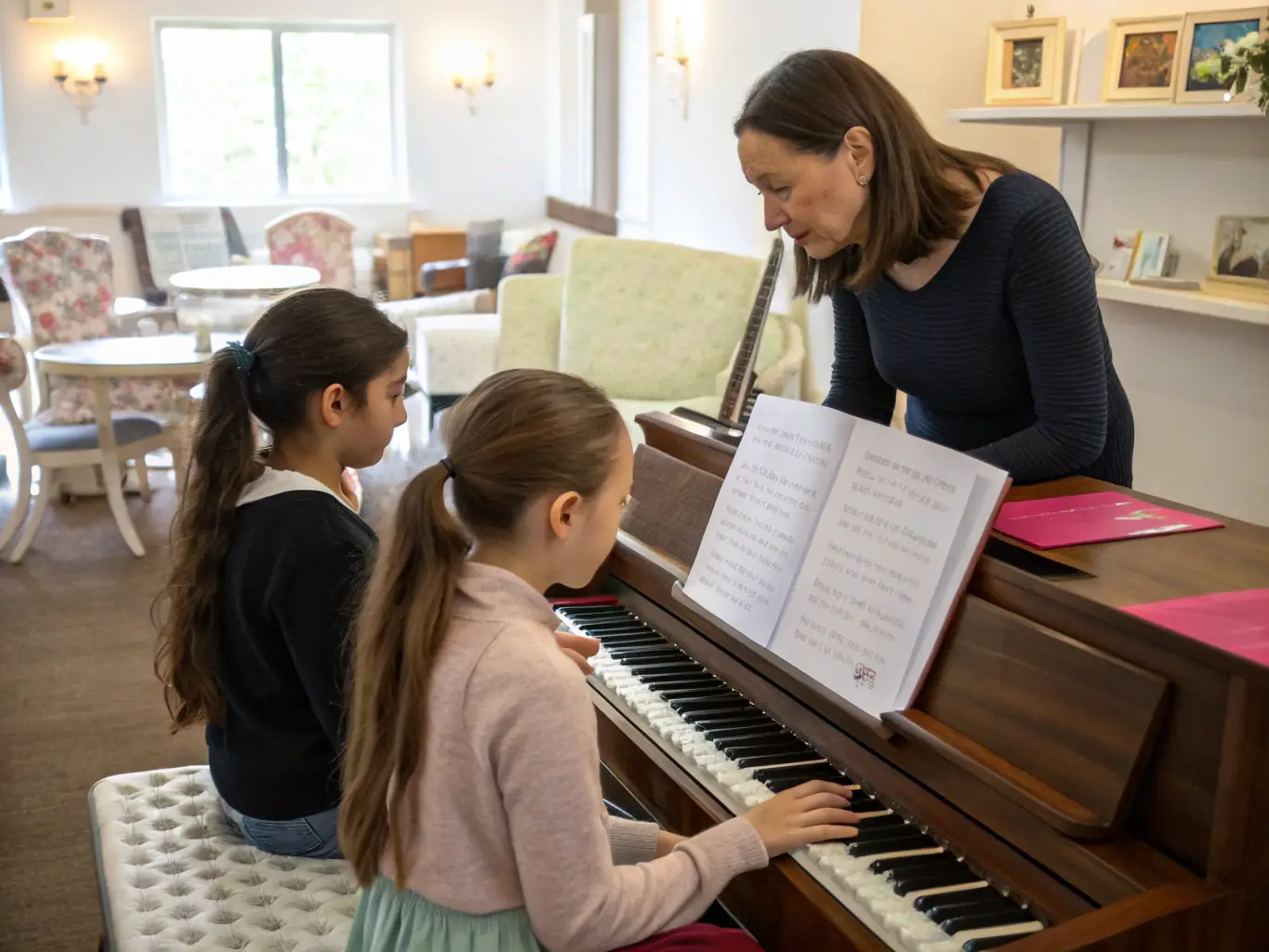 A group of young students participating in a piano workshop, focused on learning new techniques and improving their skills, with a qualified instructor guiding them.