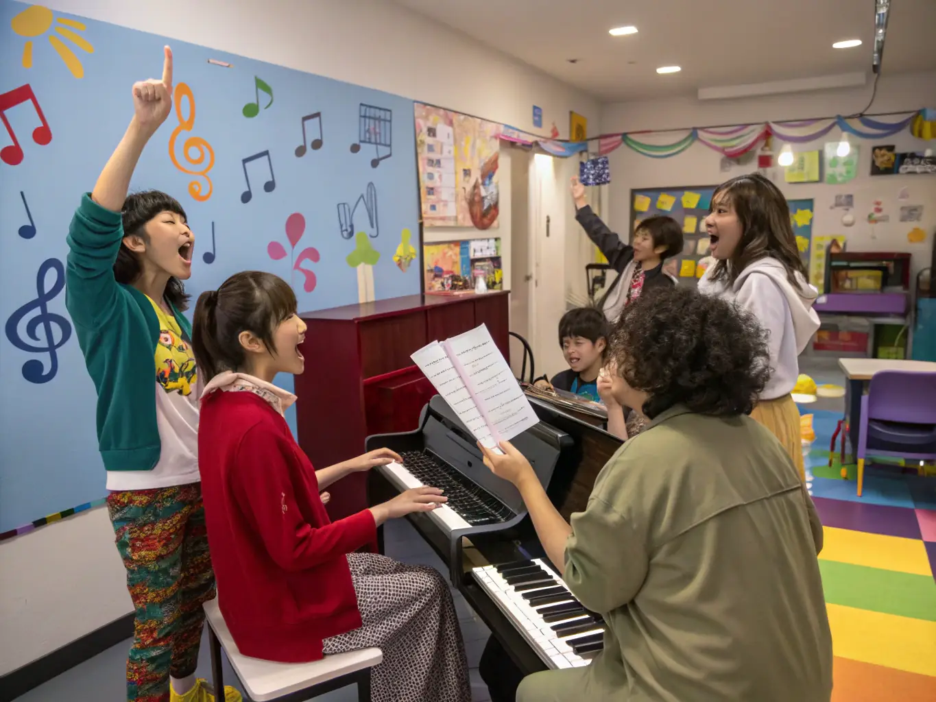 A dynamic shot of a music workshop in progress, with participants actively engaged in learning new techniques and collaborating on musical projects.