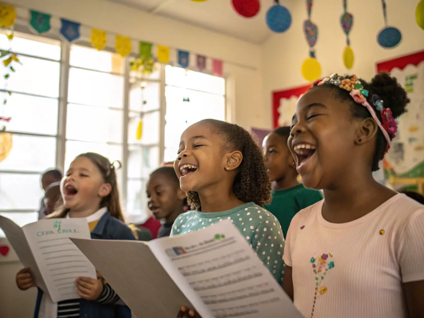 A vibrant scene of a children's choir performing on stage during a community event, showcasing the joy and collaborative spirit fostered by the association's activities.