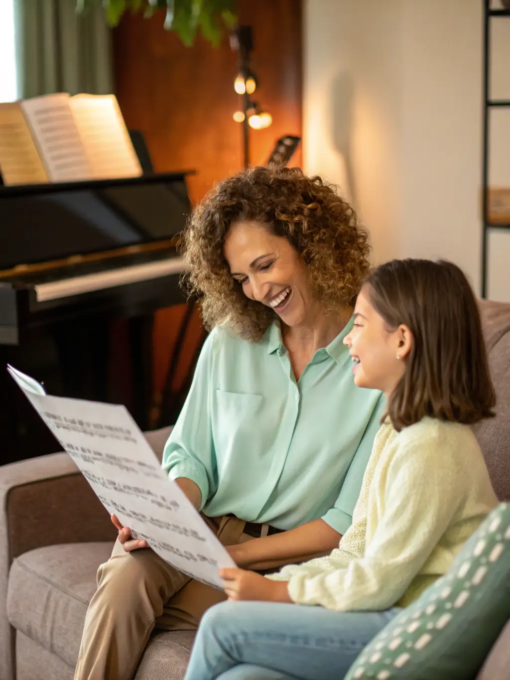 A music teacher guiding a young student through a piano lesson, demonstrating proper technique and musical expression in a supportive environment.