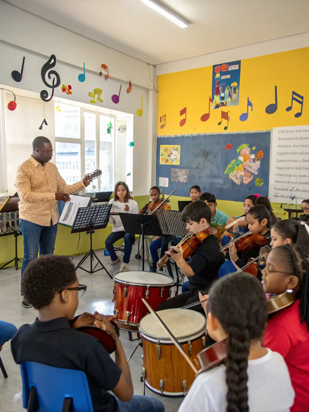 A workshop session where students are learning about music theory and composition, enhancing their understanding and appreciation of music.